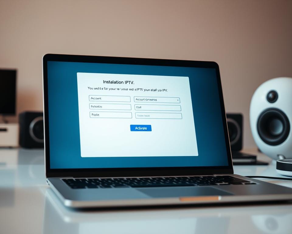 A close-up view of a laptop screen showing the installation process for an IPTV service. The screen displays a step-by-step activation sequence, with input fields for account credentials and a prominent "Activate" button. The laptop is positioned on a minimalist desk, surrounded by a clean, modern workspace. Soft, diffused lighting illuminates the scene, creating a calm and professional atmosphere. The camera angle is slightly tilted to provide an engaging perspective, showcasing the intuitive and user-friendly interface of the IPTV installation process. A close-up view of a laptop screen showing the installation process for an IPTV service. The screen displays a step-by-step activation sequence, with input fields for account credentials and a prominent "Activate" button. The laptop is positioned on a minimalist desk, surrounded by a clean, modern workspace. Soft, diffused lighting illuminates the scene, creating a calm and professional atmosphere. The camera angle is slightly tilted to provide an engaging perspective, showcasing the intuitive and user-friendly interface of the IPTV installation process.