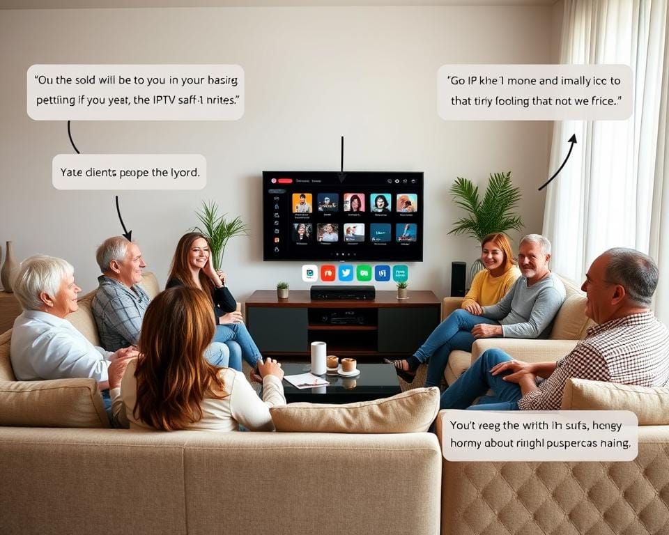 A cozy living room setting with a group of people gathered around, expressing their satisfaction with the IPTV service. The foreground features a stylish sofa and armchairs, with clients of diverse ages and backgrounds engaged in animated conversation, their faces beaming with contentment. The middle ground showcases a modern entertainment system, complete with a sleek smart TV displaying the IPTV interface. The background subtly hints at a comfortable, well-appointed home environment, creating a sense of warmth and hospitality. The overall scene is bathed in soft, natural lighting, conveying a welcoming and inviting atmosphere that reflects the positive client testimonials. A cozy living room setting with a group of people gathered around, expressing their satisfaction with the IPTV service. The foreground features a stylish sofa and armchairs, with clients of diverse ages and backgrounds engaged in animated conversation, their faces beaming with contentment. The middle ground showcases a modern entertainment system, complete with a sleek smart TV displaying the IPTV interface. The background subtly hints at a comfortable, well-appointed home environment, creating a sense of warmth and hospitality. The overall scene is bathed in soft, natural lighting, conveying a welcoming and inviting atmosphere that reflects the positive client testimonials.