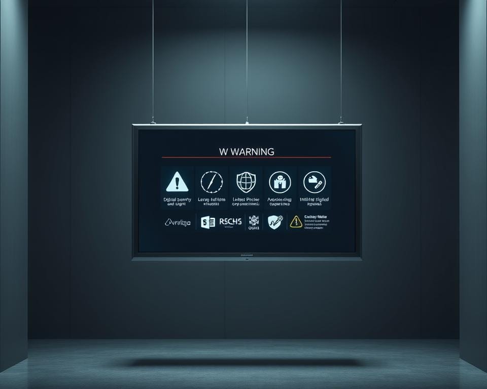 A futuristic, minimalist digital television display showing warning symbols and cautionary information. The screen is suspended in a sleek, metallic frame against a dimly lit, industrial-style backdrop. Muted color tones of greys, blues, and whites create a sense of seriousness and professionalism. The TV's UI displays various icons and symbols related to digital security, privacy, and safety precautions, conveying the need for vigilance when consuming online media. Subtle lens flare and ambient lighting add depth and a high-tech aesthetic. The overall composition should feel informative, thought-provoking, and visually striking.