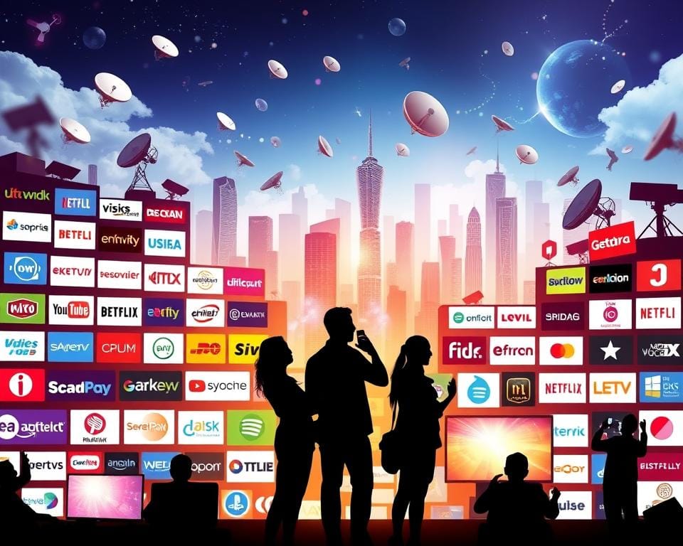 A lively digital media marketplace, showcasing a diverse array of popular digital TV providers. In the foreground, a vibrant display of various providers' logos, icons, and branding elements, presented in a visually engaging layout. The middle ground features silhouettes of satisfied customers interacting with their digital TV services, conveying a sense of user engagement and satisfaction. The background depicts a dynamic cityscape, with skyscrapers, satellite dishes, and other technological elements, creating a futuristic and technologically advanced atmosphere. The lighting is bright and crisp, highlighting the modern, digital nature of the scene. The overall composition and style aim to capture the essence of a thriving digital TV provider ecosystem, as discussed in the French IPTV forums.
