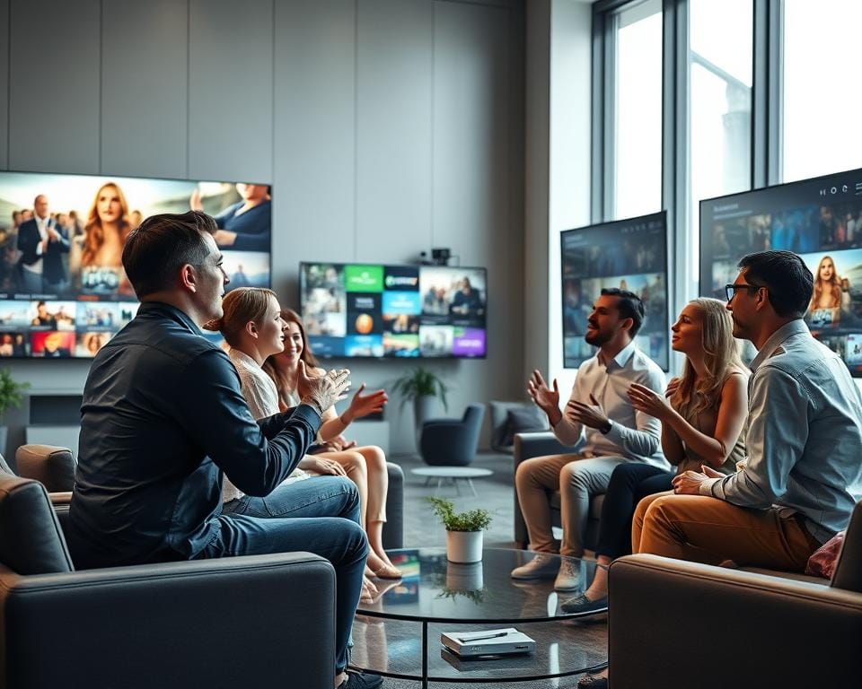 A lively digital television discussion forum, with a group of people animatedly engaged in conversation. The scene is set in a modern, well-lit room, with sleek, minimalist furniture and large display screens showcasing various television and streaming content. The participants are a diverse group, representing different ages and backgrounds, leaning in towards each other, gesturing excitedly as they share their perspectives on the latest developments in the digital television landscape. The mood is one of active engagement and intellectual exchange, as the participants delve into the intricacies of IPTV technology, streaming platforms, and the future of home entertainment.