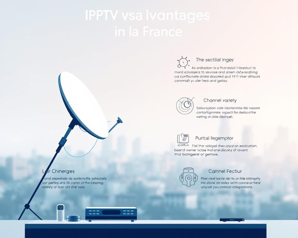 A modern and minimalist illustration showcasing the key advantages of an IPTV subscription in France. The foreground features elegant icons and infographic elements, such as a satellite dish, streaming devices, and channel variety, neatly arranged to highlight the core benefits. The background has a soft, blurred cityscape, subtly suggesting the wide availability and accessibility of IPTV services across the country. The overall composition is clean, balanced, and designed to convey a sense of technological sophistication and the convenience of IPTV for French consumers. A modern and minimalist illustration showcasing the key advantages of an IPTV subscription in France. The foreground features elegant icons and infographic elements, such as a satellite dish, streaming devices, and channel variety, neatly arranged to highlight the core benefits. The background has a soft, blurred cityscape, subtly suggesting the wide availability and accessibility of IPTV services across the country. The overall composition is clean, balanced, and designed to convey a sense of technological sophistication and the convenience of IPTV for French consumers.