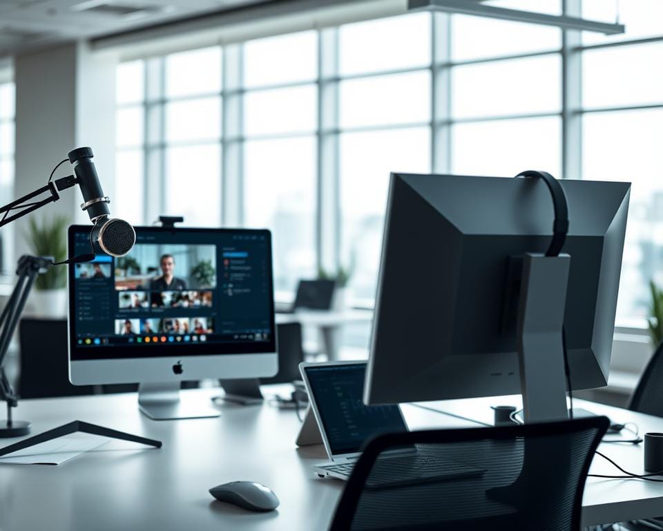 A modern office workspace with a focus on client streaming technology. In the foreground, a sleek desktop computer with a high-resolution display showcasing a video player interface. Surrounding it, various peripheral devices like a high-quality webcam, professional microphone, and a state-of-the-art headset, all seamlessly integrated. In the middle ground, a minimalist desk with a clean, uncluttered layout, creating an organized and efficient work environment. The background features floor-to-ceiling windows, allowing natural light to flood the space and create a bright, airy atmosphere. The overall mood is one of productivity, connectivity, and technology-driven customer service. A modern office workspace with a focus on client streaming technology. In the foreground, a sleek desktop computer with a high-resolution display showcasing a video player interface. Surrounding it, various peripheral devices like a high-quality webcam, professional microphone, and a state-of-the-art headset, all seamlessly integrated. In the middle ground, a minimalist desk with a clean, uncluttered layout, creating an organized and efficient work environment. The background features floor-to-ceiling windows, allowing natural light to flood the space and create a bright, airy atmosphere. The overall mood is one of productivity, connectivity, and technology-driven customer service.