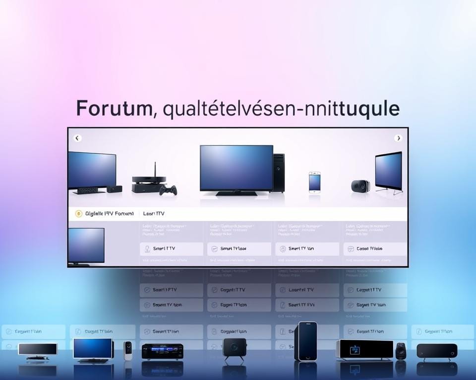 A modern, sleek digital forum interface with a prominent banner displaying the text "Forum qualité télévision numérique" in a bold, clean typeface. The foreground features a selection of device icons representing various digital TV platforms, such as smart TVs, streaming boxes, and mobile devices, arranged in a visually appealing layout. The middle ground showcases a grid of discussion threads, each with a concise title and a subtle icon, hinting at the diverse topics covered. The background is a soft, gradient-based color scheme that conveys a sense of professionalism and technological sophistication. The overall composition should strike a balance between functionality and aesthetic appeal, reflecting the high-quality IPTV forum experience.