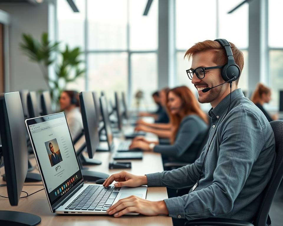 A modern tech support call center with a cozy and professional atmosphere. In the foreground, a smiling customer service agent wearing a headset guides a client through an IPTV setup on a laptop, demonstrating the user-friendly interface. The middle ground features rows of workstations with agents providing live support, their faces animated as they assist customers. The background showcases a sleek, minimalist office design with large windows letting in soft, natural lighting that illuminates the space. The overall scene conveys a sense of efficiency, expertise, and a commitment to delivering excellent customer service. A modern tech support call center with a cozy and professional atmosphere. In the foreground, a smiling customer service agent wearing a headset guides a client through an IPTV setup on a laptop, demonstrating the user-friendly interface. The middle ground features rows of workstations with agents providing live support, their faces animated as they assist customers. The background showcases a sleek, minimalist office design with large windows letting in soft, natural lighting that illuminates the space. The overall scene conveys a sense of efficiency, expertise, and a commitment to delivering excellent customer service.