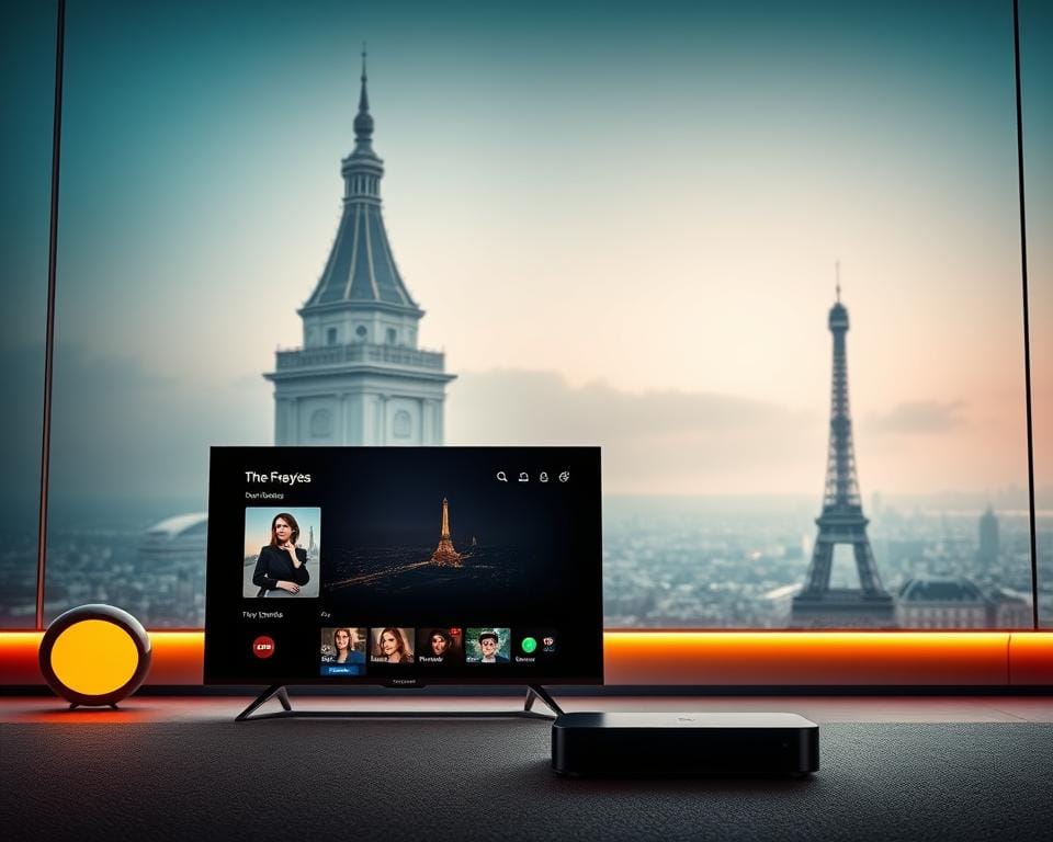 A premium streaming service with a French flair, set against a sleek, modern backdrop. In the foreground, a stylized TV or device displaying a refined user interface, bathed in warm lighting. In the middle ground, elegant Parisian architecture or cityscapes, evoking the service's French heritage. The background features a subtle gradient or atmospheric elements, creating a sense of depth and sophistication. The overall composition conveys a luxurious, high-end streaming experience tailored to the French market. A premium streaming service with a French flair, set against a sleek, modern backdrop. In the foreground, a stylized TV or device displaying a refined user interface, bathed in warm lighting. In the middle ground, elegant Parisian architecture or cityscapes, evoking the service's French heritage. The background features a subtle gradient or atmospheric elements, creating a sense of depth and sophistication. The overall composition conveys a luxurious, high-end streaming experience tailored to the French market.