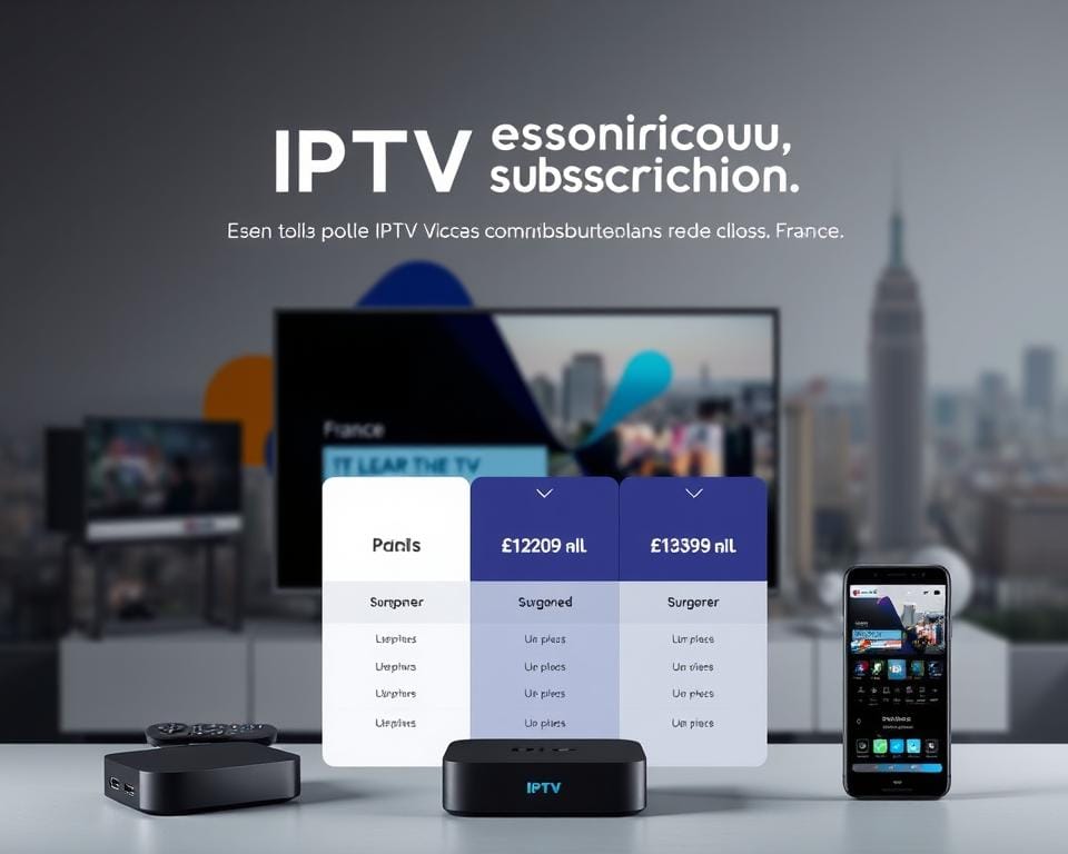 A sleek and modern IPTV subscription service offering plan details in a clean, minimal layout. In the foreground, a stack of devices including a smart TV, streaming box, and mobile phone, each displaying the IPTV service's interface. The middle ground features abstract shapes and lines in the brand's color scheme, creating a dynamic visual backdrop. The background is a softly blurred cityscape, hinting at the wide availability and accessibility of the IPTV service across France. Muted lighting casts a professional, high-quality tone, emphasizing the premium nature of the subscription plans on offer. A sleek and modern IPTV subscription service offering plan details in a clean, minimal layout. In the foreground, a stack of devices including a smart TV, streaming box, and mobile phone, each displaying the IPTV service's interface. The middle ground features abstract shapes and lines in the brand's color scheme, creating a dynamic visual backdrop. The background is a softly blurred cityscape, hinting at the wide availability and accessibility of the IPTV service across France. Muted lighting casts a professional, high-quality tone, emphasizing the premium nature of the subscription plans on offer.