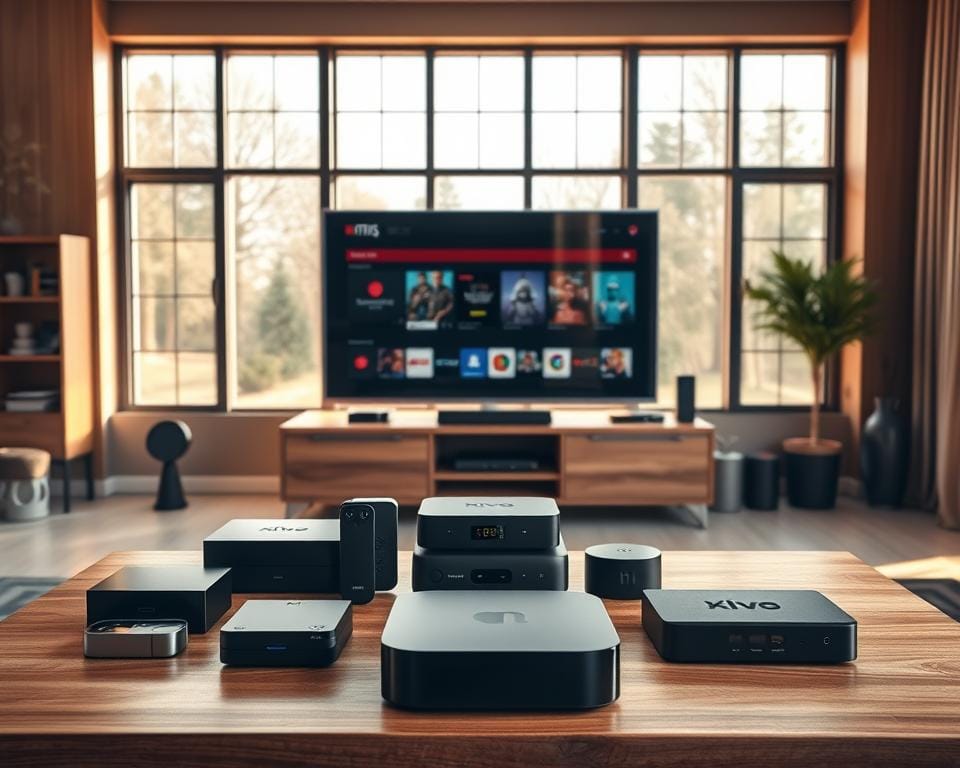 A sleek and modern living room with a variety of streaming devices prominently displayed on a wooden media console. The room is bathed in warm, natural lighting that filters in through large windows, creating a cozy and inviting atmosphere. In the foreground, a high-end smart TV takes center stage, surrounded by a selection of streaming boxes, dongles, and other compatible devices, all neatly arranged to showcase their seamless integration. The middle ground features a minimalist, yet stylish entertainment setup, with clean lines and a neutral color palette that complements the overall decor. In the background, subtle hints of smart home technology, such as voice assistants and wireless speakers, emphasize the comprehensive compatibility of the streaming ecosystem. A sleek and modern living room with a variety of streaming devices prominently displayed on a wooden media console. The room is bathed in warm, natural lighting that filters in through large windows, creating a cozy and inviting atmosphere. In the foreground, a high-end smart TV takes center stage, surrounded by a selection of streaming boxes, dongles, and other compatible devices, all neatly arranged to showcase their seamless integration. The middle ground features a minimalist, yet stylish entertainment setup, with clean lines and a neutral color palette that complements the overall decor. In the background, subtle hints of smart home technology, such as voice assistants and wireless speakers, emphasize the comprehensive compatibility of the streaming ecosystem.
