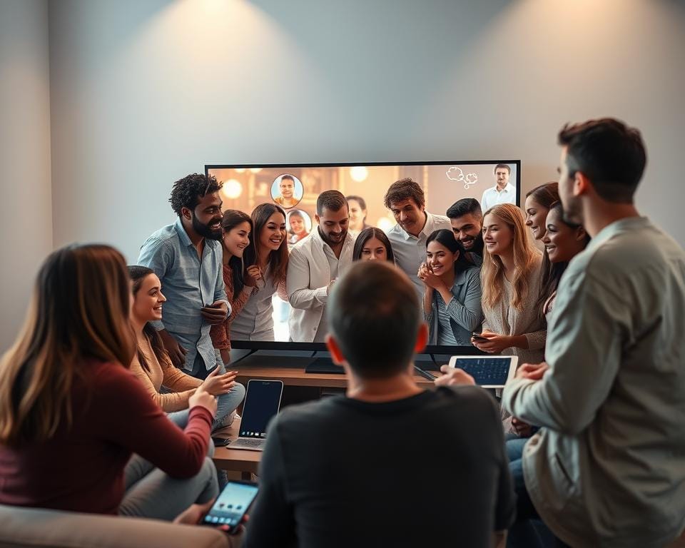 A vibrant digital community gathered around a modern television, showcasing the advantages of online IPTV forums. In the foreground, a group of diverse individuals enthusiastically sharing their experiences and insights, their faces lit by the warm glow of the screen. The middle ground features an array of digital devices, tablets, and smartphones, highlighting the seamless integration of technology. The background depicts a sleek, minimalist living space, with clean lines and soft lighting, creating a sense of unity and connectivity. The overall scene conveys the power of digital community, where knowledge, entertainment, and shared passions converge, inspiring and empowering users.