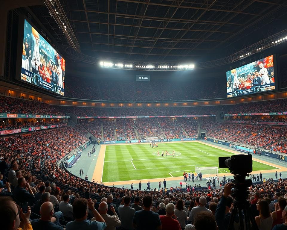 A cinematic sports arena, its grand architecture bathed in warm lighting. Spectators fill the stadium seats, captivated by the action unfolding on the field below. Towering screens display live footage of thrilling athletic competitions, interspersed with scenes from popular films. The air crackles with energy, a symphony of cheers and applause. In the background, sleek video production equipment captures every moment, ready to broadcast this immersive entertainment experience to the world. A fusion of sport, cinema, and international flair, creating a mesmerizing visual tapestry. A cinematic sports arena, its grand architecture bathed in warm lighting. Spectators fill the stadium seats, captivated by the action unfolding on the field below. Towering screens display live footage of thrilling athletic competitions, interspersed with scenes from popular films. The air crackles with energy, a symphony of cheers and applause. In the background, sleek video production equipment captures every moment, ready to broadcast this immersive entertainment experience to the world. A fusion of sport, cinema, and international flair, creating a mesmerizing visual tapestry.