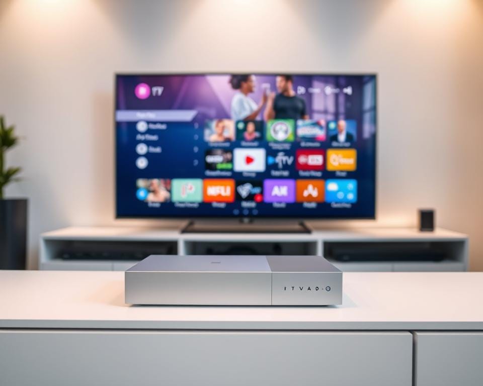 A clean, minimalist interior with an IPTV set-top box prominently displayed on a sleek, modern entertainment unit. The box features clean lines, a matte finish, and subtle LED indicators. In the background, a large, high-definition TV screen displays a vivid, colorful user interface, showcasing the IPTV's user-friendly menu and intuitive navigation. Soft, indirect lighting casts a warm, inviting glow, creating an atmosphere of sophisticated technology blended with a cozy, living room ambiance. The overall composition emphasizes the streamlined, high-quality design of the IPTV hardware and the seamless integration with the home entertainment system. A clean, minimalist interior with an IPTV set-top box prominently displayed on a sleek, modern entertainment unit. The box features clean lines, a matte finish, and subtle LED indicators. In the background, a large, high-definition TV screen displays a vivid, colorful user interface, showcasing the IPTV's user-friendly menu and intuitive navigation. Soft, indirect lighting casts a warm, inviting glow, creating an atmosphere of sophisticated technology blended with a cozy, living room ambiance. The overall composition emphasizes the streamlined, high-quality design of the IPTV hardware and the seamless integration with the home entertainment system.