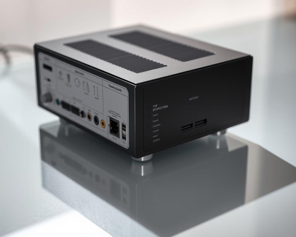 A clean, well-lit photo of a technical specifications box, showcasing its sleek, modern design. The box is positioned on a reflective surface, casting a subtle shadow. The front panel features a minimalist layout with clearly labeled ports, inputs, and connectivity options. The overall composition emphasizes the technical details and functionality of the device, conveying a sense of professionalism and attention to engineering. Soft, directional lighting accentuates the contours and highlights the premium materials, creating a high-quality, aspirational impression. The background is slightly blurred, keeping the focus on the technical specifications box as the central subject. A clean, well-lit photo of a technical specifications box, showcasing its sleek, modern design. The box is positioned on a reflective surface, casting a subtle shadow. The front panel features a minimalist layout with clearly labeled ports, inputs, and connectivity options. The overall composition emphasizes the technical details and functionality of the device, conveying a sense of professionalism and attention to engineering. Soft, directional lighting accentuates the contours and highlights the premium materials, creating a high-quality, aspirational impression. The background is slightly blurred, keeping the focus on the technical specifications box as the central subject.