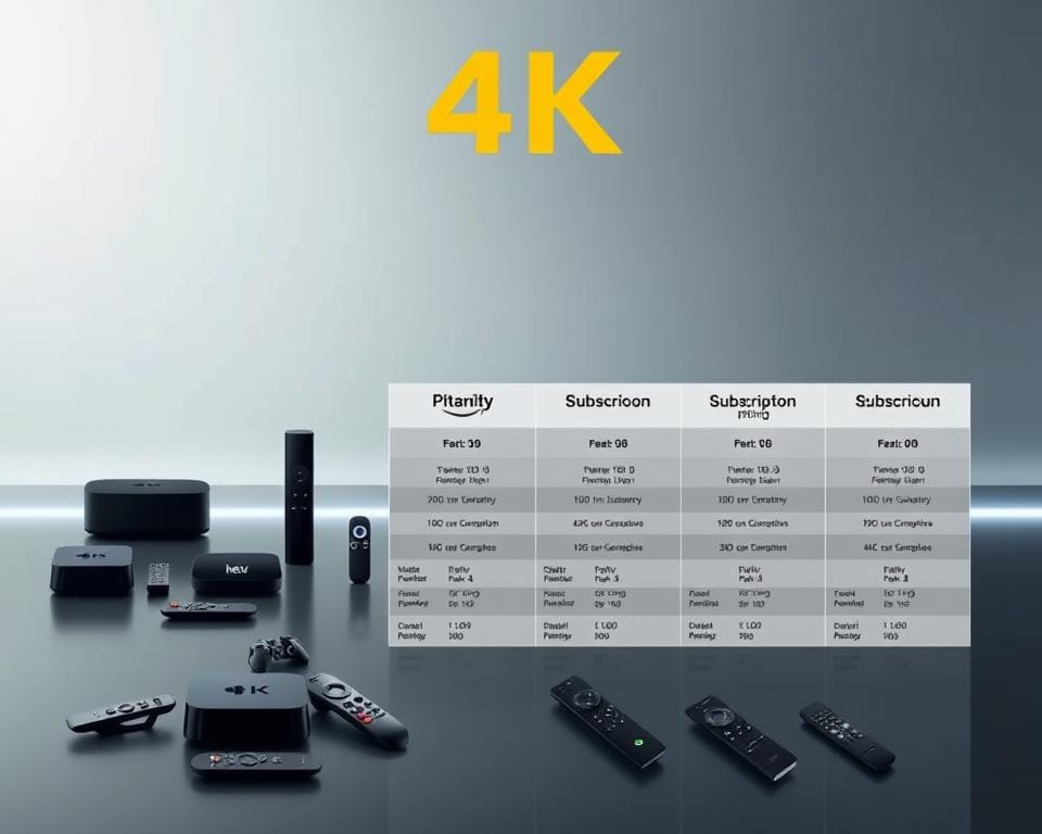A comparative display of 4K streaming service offerings, showcasing their distinctive features and pricing. Set against a sleek, minimalist background with clean lines and a subtle gradient, the image should evoke a sense of technological sophistication. The foreground should feature detailed product shots of various streaming devices, remote controls, and service logos arranged in a grid-like layout. The middle ground could include side-by-side comparison tables highlighting key specifications like video resolution, frame rate, content library, and subscription plans. The background should have a muted, slightly futuristic ambiance, with soft lighting creating depth and emphasizing the technological prowess of the featured services.