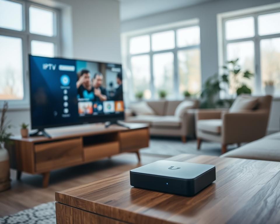 A cozy and inviting living room with a modern IPTV setup. In the foreground, a sleek, minimalist smart TV takes center stage, its screen displaying a crisp, high-definition interface showcasing various IPTV subscription options. Nearby, a compact set-top box sits atop a wooden entertainment console, its soft blue LED indicating an active connection. In the middle ground, a comfortable sofa and armchair invite the viewer to relax and explore the IPTV experience. The background features large windows, allowing natural light to flood the space and create a warm, welcoming atmosphere. The overall scene conveys a sense of ease and simplicity, reflecting the user-friendly nature of the IPTV configuration. A cozy and inviting living room with a modern IPTV setup. In the foreground, a sleek, minimalist smart TV takes center stage, its screen displaying a crisp, high-definition interface showcasing various IPTV subscription options. Nearby, a compact set-top box sits atop a wooden entertainment console, its soft blue LED indicating an active connection. In the middle ground, a comfortable sofa and armchair invite the viewer to relax and explore the IPTV experience. The background features large windows, allowing natural light to flood the space and create a warm, welcoming atmosphere. The overall scene conveys a sense of ease and simplicity, reflecting the user-friendly nature of the IPTV configuration.