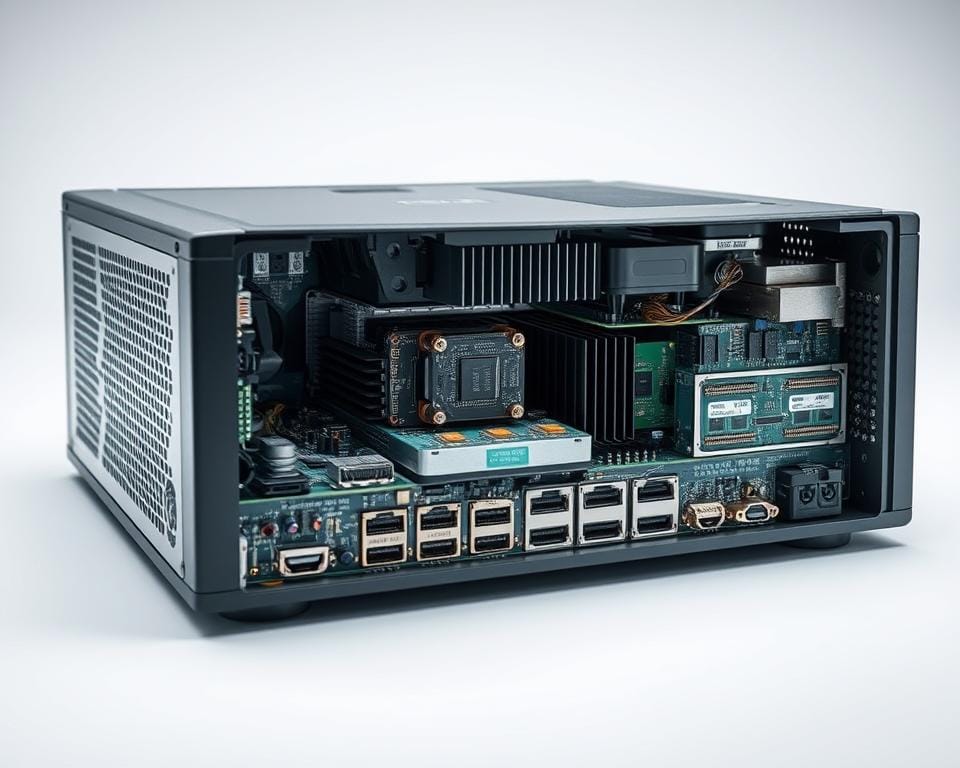 A detailed cross-section view of an IPTV set-top box, showcasing its internal technical mechanisms. The foreground depicts the device's outer casing, with a cutaway revealing the intricate electronic components inside, including circuit boards, processors, memory modules, and various connection ports. The middle ground highlights the core media processing unit, heat sinks, and cooling systems that facilitate the box's functionality. The background subtly suggests the network connectivity, with abstract representations of data streams and wireless signals. The lighting is crisp and evenly distributed, enhancing the technical details and emphasizing the precision engineering of the device. The overall tone is one of technical sophistication, inviting the viewer to appreciate the inner workings of an IPTV system. A detailed cross-section view of an IPTV set-top box, showcasing its internal technical mechanisms. The foreground depicts the device's outer casing, with a cutaway revealing the intricate electronic components inside, including circuit boards, processors, memory modules, and various connection ports. The middle ground highlights the core media processing unit, heat sinks, and cooling systems that facilitate the box's functionality. The background subtly suggests the network connectivity, with abstract representations of data streams and wireless signals. The lighting is crisp and evenly distributed, enhancing the technical details and emphasizing the precision engineering of the device. The overall tone is one of technical sophistication, inviting the viewer to appreciate the inner workings of an IPTV system.