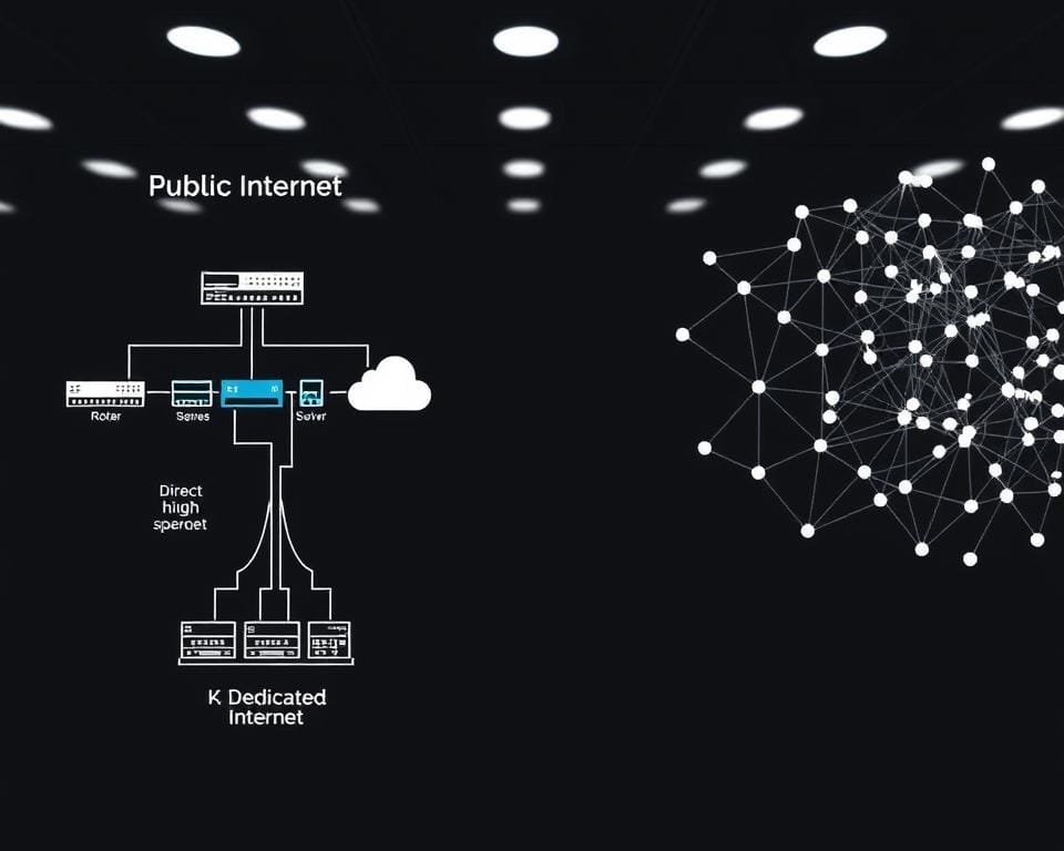A detailed technical diagram depicting the distinct network architectures of dedicated internet and public internet. In the foreground, crisp icons and labels illustrate the key network elements - routers, switches, servers, and protocols. The middle ground showcases the dedicated internet path, characterized by direct high-speed connectivity and strict quality control. In the background, the public internet is represented by a mesh of interconnected nodes, conveying the inherent complexities and variations in performance. The lighting is clean and evenly distributed, with a neutral color palette to emphasize the technical nature of the subject. The perspective is an overhead view, allowing for a comprehensive understanding of the network topologies. A detailed technical diagram depicting the distinct network architectures of dedicated internet and public internet. In the foreground, crisp icons and labels illustrate the key network elements - routers, switches, servers, and protocols. The middle ground showcases the dedicated internet path, characterized by direct high-speed connectivity and strict quality control. In the background, the public internet is represented by a mesh of interconnected nodes, conveying the inherent complexities and variations in performance. The lighting is clean and evenly distributed, with a neutral color palette to emphasize the technical nature of the subject. The perspective is an overhead view, allowing for a comprehensive understanding of the network topologies.