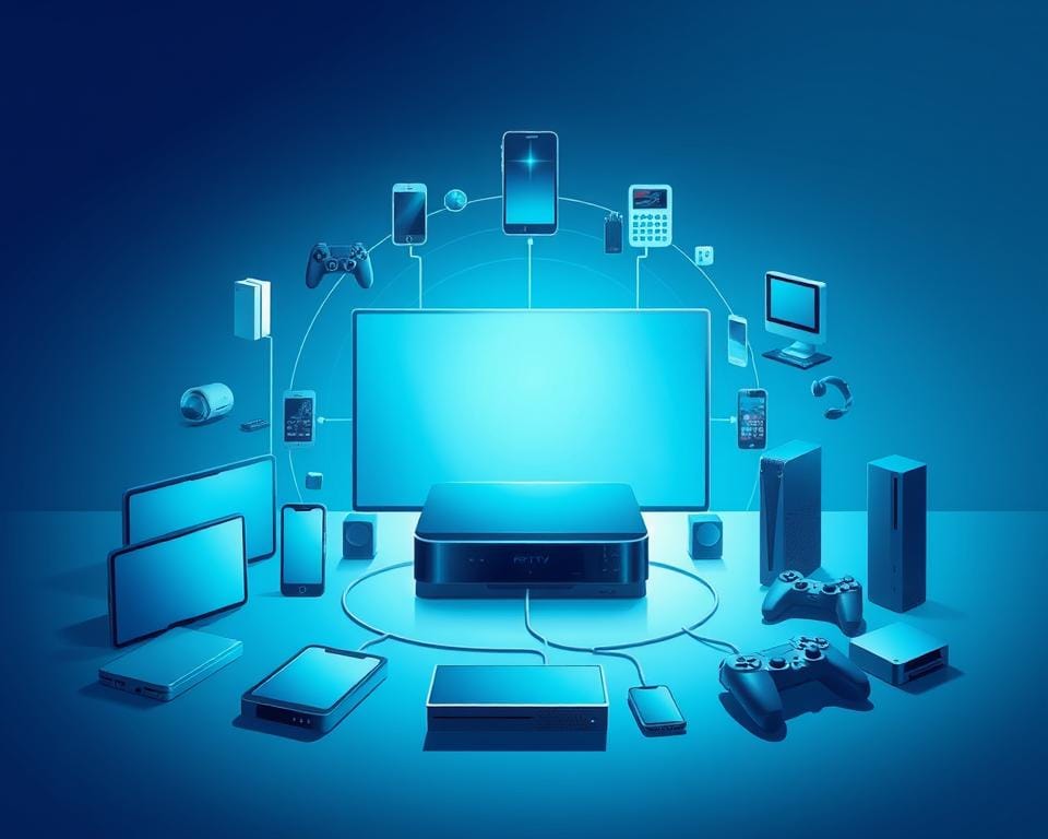 A futuristic, sleek and minimalist illustration showcasing the multi-device compatibility of IPTV services. A central device, possibly a smart TV or set-top box, surrounded by a variety of modern, high-tech consumer electronics such as smartphones, tablets, and gaming consoles, all seamlessly connected and synced. The scene is bathed in a cool, blue-tinted lighting, giving it a sophisticated, high-tech ambiance. The composition emphasizes the harmonious integration of various devices, conveying the effortless accessibility and flexibility of a quality IPTV provider. The overall mood is one of technological sophistication, connectivity, and the future of home entertainment. A futuristic, sleek and minimalist illustration showcasing the multi-device compatibility of IPTV services. A central device, possibly a smart TV or set-top box, surrounded by a variety of modern, high-tech consumer electronics such as smartphones, tablets, and gaming consoles, all seamlessly connected and synced. The scene is bathed in a cool, blue-tinted lighting, giving it a sophisticated, high-tech ambiance. The composition emphasizes the harmonious integration of various devices, conveying the effortless accessibility and flexibility of a quality IPTV provider. The overall mood is one of technological sophistication, connectivity, and the future of home entertainment.