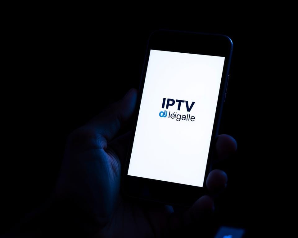 A high-contrast, documentary-style photograph of a smartphone displaying the "Diffusion légale IPTV" interface. The screen shows a clean, minimalist design with a prominent "IPTV Légale" logo and a simple menu structure. The device is held in a person's hand, with the background blurred to emphasize the screen. Moody, blue-tinted lighting creates an atmospheric, serious tone, conveying the gravity of the legal IPTV choice. The composition is balanced, with the screen filling a large portion of the frame. The overall impression is one of professionalism, legality, and responsible media consumption. A high-contrast, documentary-style photograph of a smartphone displaying the "Diffusion légale IPTV" interface. The screen shows a clean, minimalist design with a prominent "IPTV Légale" logo and a simple menu structure. The device is held in a person's hand, with the background blurred to emphasize the screen. Moody, blue-tinted lighting creates an atmospheric, serious tone, conveying the gravity of the legal IPTV choice. The composition is balanced, with the screen filling a large portion of the frame. The overall impression is one of professionalism, legality, and responsible media consumption.
