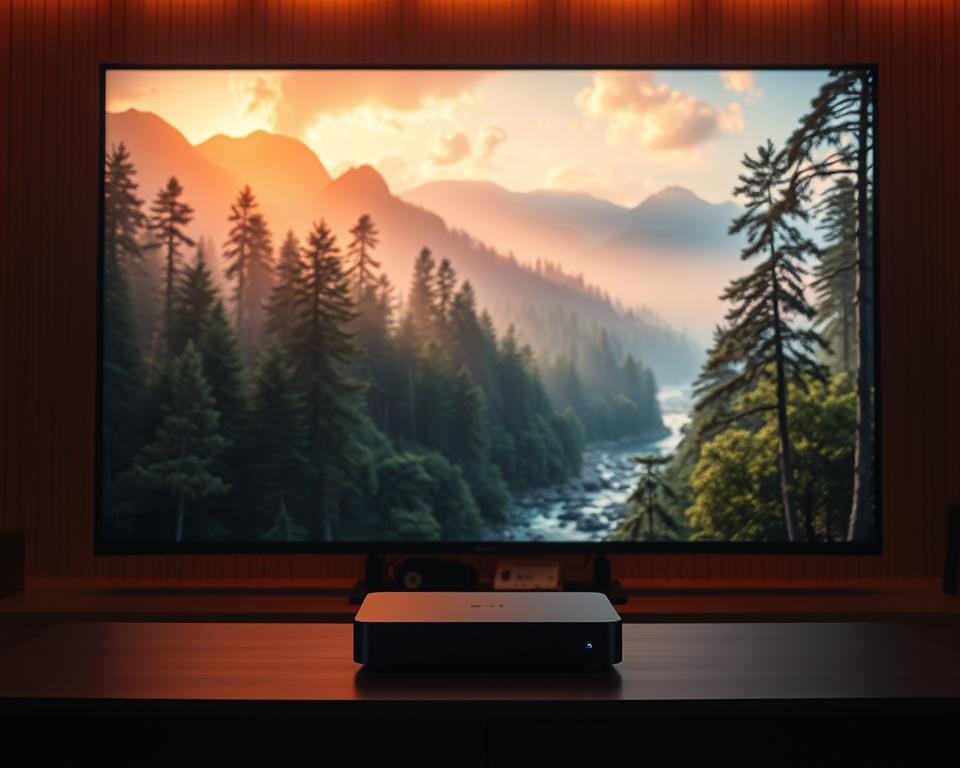 A high-definition, cinematic television screen displaying a visually stunning, immersive landscape. The screen is bathed in warm, soft lighting that creates a cozy, inviting atmosphere. The image is sharp, with vibrant colors and deep, inky blacks that draw the viewer into the scene. In the foreground, a sleek, modern IPTV set-top box blends seamlessly into the environment, suggesting a seamless, cutting-edge viewing experience. The background features a lush, verdant forest with towering trees and a serene, flowing river, creating a sense of tranquility and connection with nature. The overall composition is balanced and harmonious, conveying a sense of technological sophistication and natural beauty. A high-definition, cinematic television screen displaying a visually stunning, immersive landscape. The screen is bathed in warm, soft lighting that creates a cozy, inviting atmosphere. The image is sharp, with vibrant colors and deep, inky blacks that draw the viewer into the scene. In the foreground, a sleek, modern IPTV set-top box blends seamlessly into the environment, suggesting a seamless, cutting-edge viewing experience. The background features a lush, verdant forest with towering trees and a serene, flowing river, creating a sense of tranquility and connection with nature. The overall composition is balanced and harmonious, conveying a sense of technological sophistication and natural beauty.