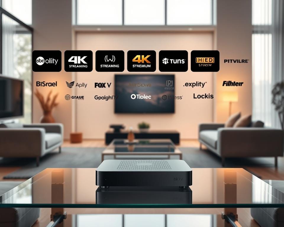 A high-end entertainment hub showcasing the latest 4K streaming subscriptions. In the foreground, a sleek, modern IPTV device sits atop a glass table, its crisp display illuminated by warm, natural lighting. In the middle ground, an array of premium streaming service logos float in the air, each one promising the ultimate in Ultra HD viewing. The background features a minimalist, yet elegant living room setting, with large windows allowing soft, diffused light to filter in, creating a serene and inviting atmosphere. The overall scene conveys a sense of sophistication, technological advancement, and the seamless integration of high-quality entertainment into the modern home.