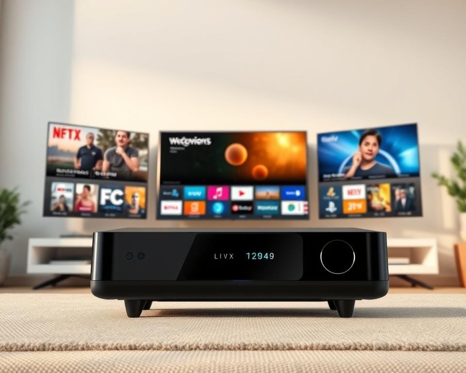 A high-quality, realistic digital illustration showcasing the various applications and content available on an IPTV set-top box. The image should depict the box in the foreground, surrounded by a clean and modern user interface displaying various streaming services, live TV channels, on-demand movies, and other entertainment options. The background should be a simple, minimalist environment, allowing the focus to remain on the IPTV box and its capabilities. The lighting should be natural and soft, creating a warm, inviting atmosphere. The overall composition should be well-balanced, with a clear hierarchy of elements and a cohesive color palette that enhances the technological and entertainment-focused theme. A high-quality, realistic digital illustration showcasing the various applications and content available on an IPTV set-top box. The image should depict the box in the foreground, surrounded by a clean and modern user interface displaying various streaming services, live TV channels, on-demand movies, and other entertainment options. The background should be a simple, minimalist environment, allowing the focus to remain on the IPTV box and its capabilities. The lighting should be natural and soft, creating a warm, inviting atmosphere. The overall composition should be well-balanced, with a clear hierarchy of elements and a cohesive color palette that enhances the technological and entertainment-focused theme.