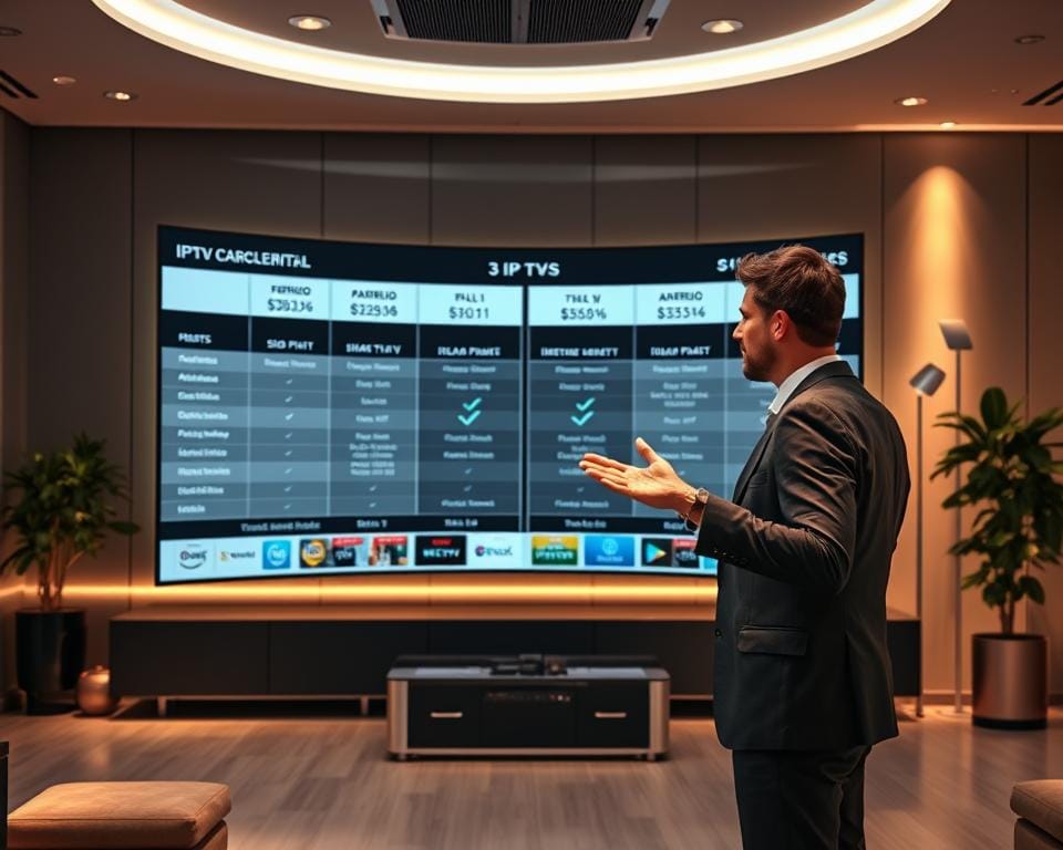 A high-resolution image showcasing a head-to-head comparison of various IPTV service providers. The scene depicts a sleek, modern office setting with a large, curved display screen in the center, showcasing detailed side-by-side comparisons of different IPTV plans, features, and pricing. In the foreground, a well-dressed professional stands, gesturing towards the screen, capturing the attention of the viewer. The lighting is warm and professional, with subtle ambient lighting illuminating the background. The overall atmosphere conveys a sense of authority, expertise, and informed decision-making, relevant to the topic of "Xenon IPTV vs Autres Services du Marché". A high-resolution image showcasing a head-to-head comparison of various IPTV service providers. The scene depicts a sleek, modern office setting with a large, curved display screen in the center, showcasing detailed side-by-side comparisons of different IPTV plans, features, and pricing. In the foreground, a well-dressed professional stands, gesturing towards the screen, capturing the attention of the viewer. The lighting is warm and professional, with subtle ambient lighting illuminating the background. The overall atmosphere conveys a sense of authority, expertise, and informed decision-making, relevant to the topic of "Xenon IPTV vs Autres Services du Marché".