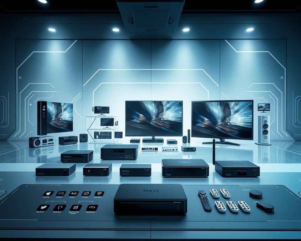 A high-tech control panel displaying a diverse array of compatible IPTV devices. The foreground features a sleek, minimalist interface with clearly labeled icons and intuitive controls for connecting and managing various hardware. The middle ground showcases a range of contemporary streaming devices, set-top boxes, and smart TVs in a clean, product-focused arrangement. The background offers a futuristic, metallic ambiance with subtle technical patterns and gradients, conveying a sense of advanced digital infrastructure. Crisp lighting and a cool, professional color palette create a visually striking and informative composition that highlights the comprehensive compatibility of the IPTV system. A high-tech control panel displaying a diverse array of compatible IPTV devices. The foreground features a sleek, minimalist interface with clearly labeled icons and intuitive controls for connecting and managing various hardware. The middle ground showcases a range of contemporary streaming devices, set-top boxes, and smart TVs in a clean, product-focused arrangement. The background offers a futuristic, metallic ambiance with subtle technical patterns and gradients, conveying a sense of advanced digital infrastructure. Crisp lighting and a cool, professional color palette create a visually striking and informative composition that highlights the comprehensive compatibility of the IPTV system.
