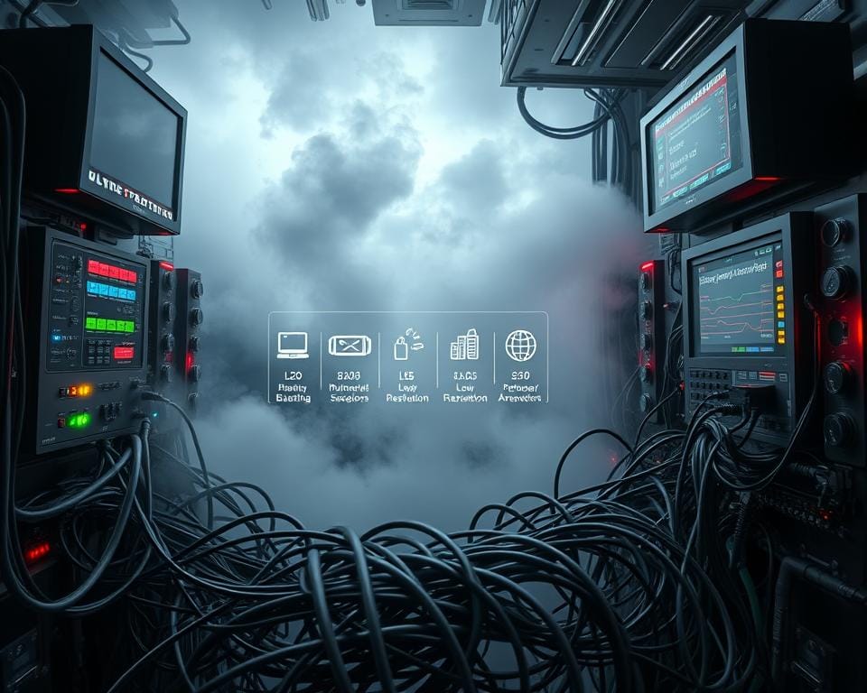 A high-tech control panel with blinking lights, flashing screens, and intricate circuits representing the limitations of streaming technologies. In the foreground, a tangled web of cables and connectors symbolizes the complexity and bottlenecks of IPTV and OTT systems. The middle ground features a series of icons depicting common issues like buffering, low resolution, and network congestion. In the background, a cloudy, slightly hazy atmosphere conveys the uncertainty and unpredictability of these streaming services. The overall scene has a muted color palette, with shades of gray, blue, and metallic tones, creating a sense of technical constraint and unease. A high-tech control panel with blinking lights, flashing screens, and intricate circuits representing the limitations of streaming technologies. In the foreground, a tangled web of cables and connectors symbolizes the complexity and bottlenecks of IPTV and OTT systems. The middle ground features a series of icons depicting common issues like buffering, low resolution, and network congestion. In the background, a cloudy, slightly hazy atmosphere conveys the uncertainty and unpredictability of these streaming services. The overall scene has a muted color palette, with shades of gray, blue, and metallic tones, creating a sense of technical constraint and unease.