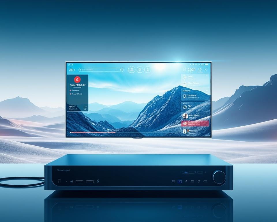 A high-tech streaming interface with a sleek, minimalist design. The foreground features a large, crystal-clear display showcasing vibrant, high-definition video playback. Elegant, floating UI elements provide intuitive controls and system information. The middle ground depicts state-of-the-art streaming hardware, including a powerful processing unit and advanced networking components. The background is a serene, futuristic landscape with subtle hues and clean lines, evoking a sense of technological sophistication. Bright, directional lighting illuminates the scene, casting dynamic shadows and highlights that emphasize the premium quality and technical superiority of the streaming experience.