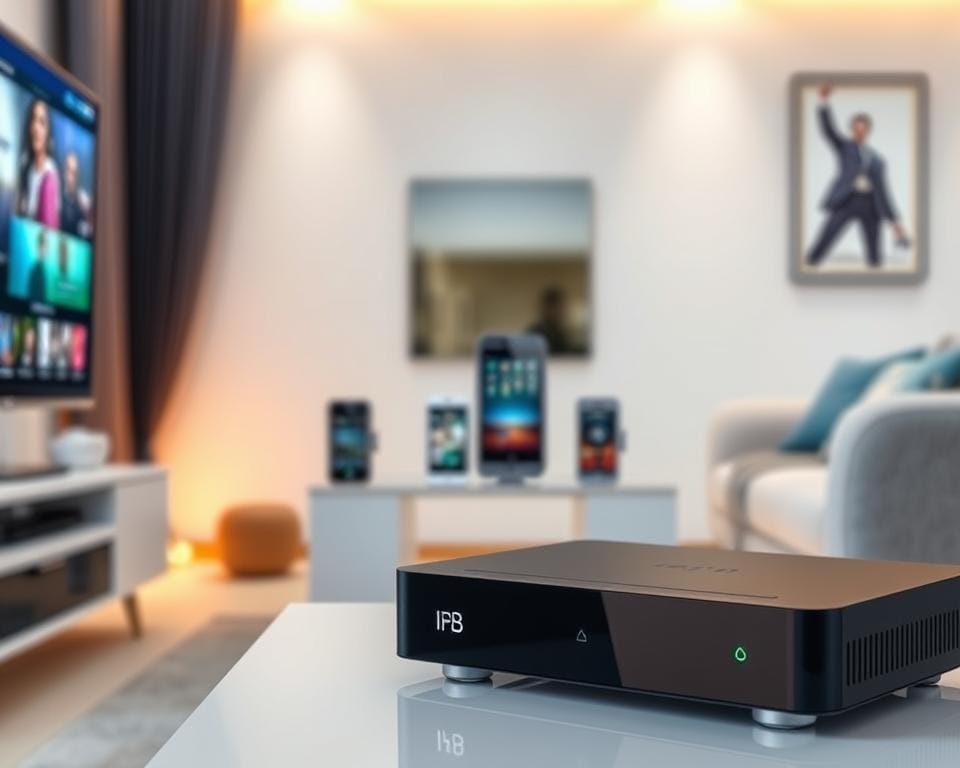 A modern IPTV device with a sleek, minimalist design sits prominently in the foreground, its crisp display showcasing a diverse array of content options. In the middle ground, multiple connected devices, such as smartphones and tablets, illustrate the multi-device support and seamless integration of the IPTV system. The background features a clean, contemporary living room setting, with subtle lighting and hints of warm, inviting colors to convey a sense of comfort and convenience. The overall composition highlights the versatility, accessibility, and user-friendly nature of the modern IPTV experience. A modern IPTV device with a sleek, minimalist design sits prominently in the foreground, its crisp display showcasing a diverse array of content options. In the middle ground, multiple connected devices, such as smartphones and tablets, illustrate the multi-device support and seamless integration of the IPTV system. The background features a clean, contemporary living room setting, with subtle lighting and hints of warm, inviting colors to convey a sense of comfort and convenience. The overall composition highlights the versatility, accessibility, and user-friendly nature of the modern IPTV experience.