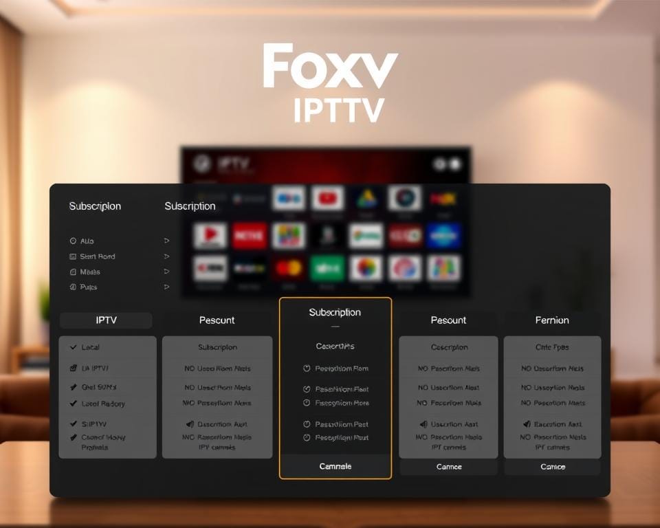 A modern and sleek IPTV subscription service interface, showcasing various subscription plan options. The foreground depicts a clean and minimalist dashboard with clearly organized subscription tiers, detailed information about the plans, and intuitive user controls. The middle ground features a blurred background of a living room scene, with a TV screen displaying a range of IPTV channel logos, hinting at the vast content available. The lighting is soft and warm, creating a welcoming and premium atmosphere. The overall composition and color palette convey a sense of professionalism, reliability, and user-friendliness, aligning with the "Foxx IPTV" brand. A modern and sleek IPTV subscription service interface, showcasing various subscription plan options. The foreground depicts a clean and minimalist dashboard with clearly organized subscription tiers, detailed information about the plans, and intuitive user controls. The middle ground features a blurred background of a living room scene, with a TV screen displaying a range of IPTV channel logos, hinting at the vast content available. The lighting is soft and warm, creating a welcoming and premium atmosphere. The overall composition and color palette convey a sense of professionalism, reliability, and user-friendliness, aligning with the "Foxx IPTV" brand.