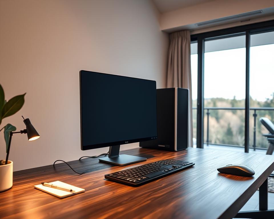 A modern home office setup with a sleek desktop computer, a high-resolution monitor, and a keyboard and mouse. The desk is made of dark wood, with a minimalist, Scandinavian-inspired design. The lighting is soft and warm, creating a cozy and inviting atmosphere. On the desk, there are a few office supplies, such as a notepad and a pen, neatly arranged. In the background, a large window overlooks a serene outdoor landscape, with trees and a clear sky visible. The overall scene conveys a sense of productivity, efficiency, and attention to detail, reflecting the "Prérequis avant l'installation" section of the article. A modern home office setup with a sleek desktop computer, a high-resolution monitor, and a keyboard and mouse. The desk is made of dark wood, with a minimalist, Scandinavian-inspired design. The lighting is soft and warm, creating a cozy and inviting atmosphere. On the desk, there are a few office supplies, such as a notepad and a pen, neatly arranged. In the background, a large window overlooks a serene outdoor landscape, with trees and a clear sky visible. The overall scene conveys a sense of productivity, efficiency, and attention to detail, reflecting the "Prérequis avant l'installation" section of the article.