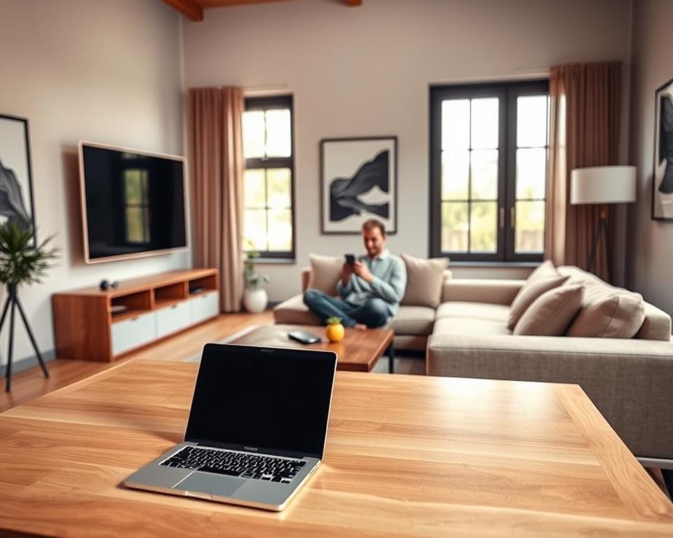 A modern living room with a large flat-screen TV and a laptop on a sleek wooden table. In the middle ground, a person sits comfortably on a couch, holding a TV remote and a smartphone, illustrating the convergence of television and internet technologies. The room is well-lit, with warm, natural light filtering through large windows, creating a cozy and inviting atmosphere. The walls are adorned with minimalist artwork, reflecting a contemporary and stylish design aesthetic. The overall scene conveys the advantages of IPTV, such as on-demand content, seamless integration with internet services, and the convenience of accessing entertainment from multiple devices. A modern living room with a large flat-screen TV and a laptop on a sleek wooden table. In the middle ground, a person sits comfortably on a couch, holding a TV remote and a smartphone, illustrating the convergence of television and internet technologies. The room is well-lit, with warm, natural light filtering through large windows, creating a cozy and inviting atmosphere. The walls are adorned with minimalist artwork, reflecting a contemporary and stylish design aesthetic. The overall scene conveys the advantages of IPTV, such as on-demand content, seamless integration with internet services, and the convenience of accessing entertainment from multiple devices.