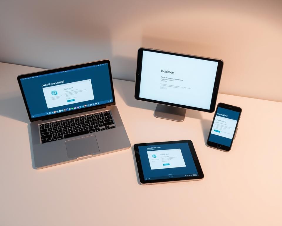 A modern, minimalist desktop setup with a laptop, a tablet, and a smartphone neatly arranged on a clean, white workspace. The devices are powered on, displaying various software interfaces related to installation and setup processes. Soft, diffused lighting illuminates the scene, creating a professional and focused atmosphere. The layout and positioning of the devices suggest a methodical, step-by-step approach to the installation process. The image should convey a sense of organization, efficiency, and technical expertise. A modern, minimalist desktop setup with a laptop, a tablet, and a smartphone neatly arranged on a clean, white workspace. The devices are powered on, displaying various software interfaces related to installation and setup processes. Soft, diffused lighting illuminates the scene, creating a professional and focused atmosphere. The layout and positioning of the devices suggest a methodical, step-by-step approach to the installation process. The image should convey a sense of organization, efficiency, and technical expertise.