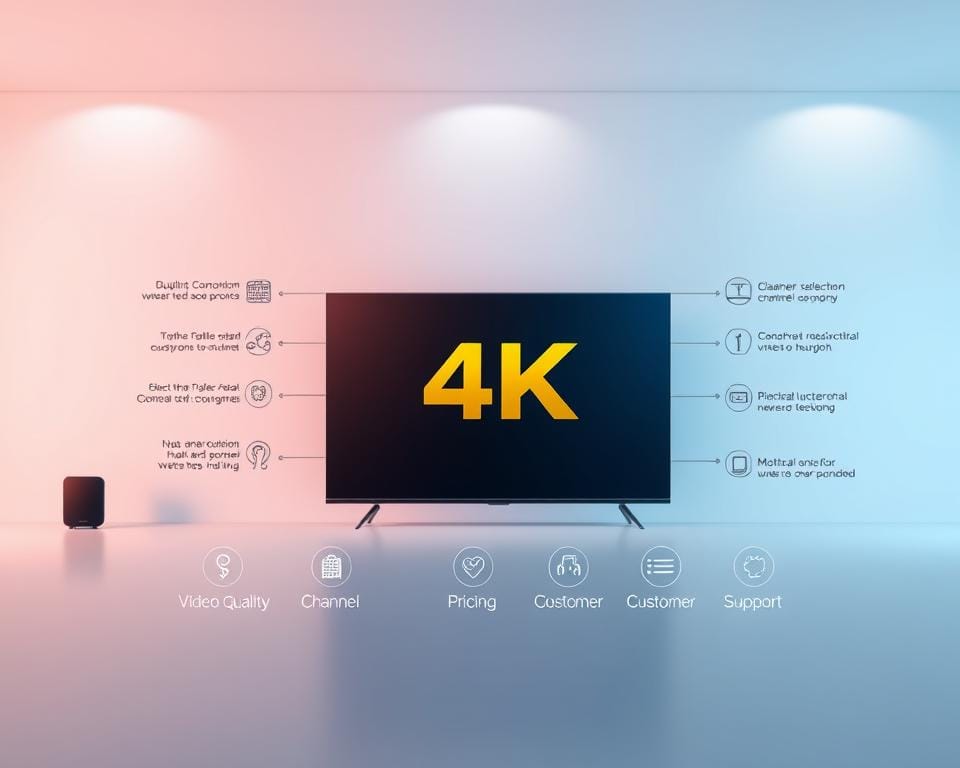 A modern, minimalist illustration depicting the essential criteria for selecting a 4K IPTV subscription. In the foreground, a sleek, high-resolution display showcases a 4K video stream. In the middle ground, a series of icons and infographic elements highlight key factors like video quality, channel selection, pricing, and customer support. The background features a clean, gradient-based environment, suggesting a professional, tech-savvy atmosphere. Subtle lighting and depth-of-field effects create a polished, studio-quality aesthetic. The overall composition conveys the importance of carefully evaluating 4K IPTV options to find the best service for one's needs.