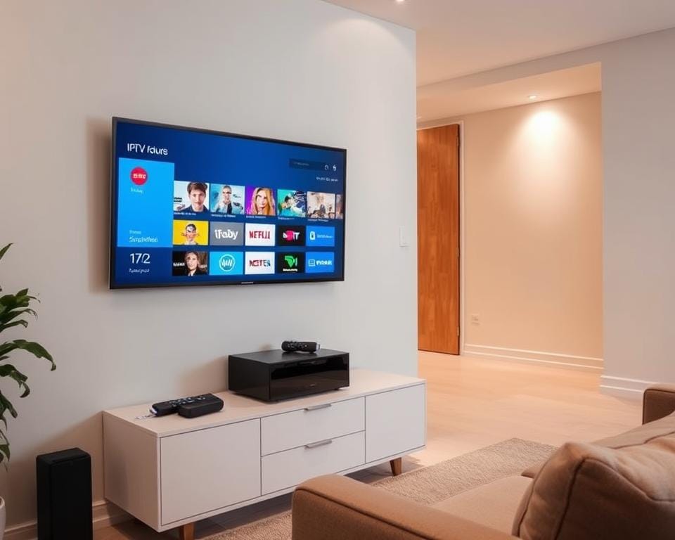 A modern, minimalist room interior with a prominent IPTV setup. In the foreground, a sleek, wall-mounted TV display showcases a menu interface for various IPTV subscription options. Nearby, a high-quality streaming device, such as a Roku or Apple TV, sits atop a minimalist media cabinet. The middle ground features comfortable seating, perhaps a modern couch or armchair, inviting the viewer to experience the IPTV service. The background shows neutral-toned walls, subtle lighting fixtures, and a sense of clean, uncluttered space, creating an atmosphere of simplicity and convenience for the IPTV subscription experience. A modern, minimalist room interior with a prominent IPTV setup. In the foreground, a sleek, wall-mounted TV display showcases a menu interface for various IPTV subscription options. Nearby, a high-quality streaming device, such as a Roku or Apple TV, sits atop a minimalist media cabinet. The middle ground features comfortable seating, perhaps a modern couch or armchair, inviting the viewer to experience the IPTV service. The background shows neutral-toned walls, subtle lighting fixtures, and a sense of clean, uncluttered space, creating an atmosphere of simplicity and convenience for the IPTV subscription experience.