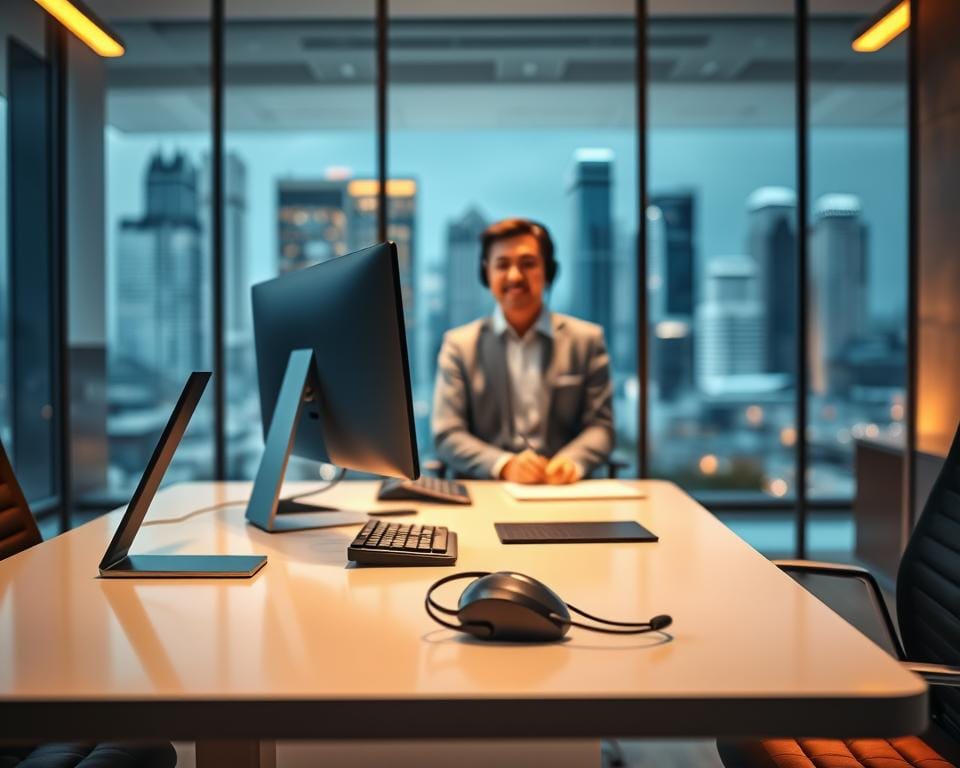 A modern, professional office setting with a sleek, minimalist desk showcasing a high-end desktop computer, a premium headset, and a well-organized workspace. The desk is positioned in the foreground, bathed in warm, directional lighting that accentuates the premium materials and design. In the middle ground, a customer service representative, dressed in formal attire, is engaging with a client via video call, their expressions conveying a sense of attentive, personalized support. The background features a blurred cityscape, suggesting the dynamic, urban environment in which this premium service is provided. The overall scene evokes a sense of efficiency, reliability, and a commitment to exceptional customer care.
