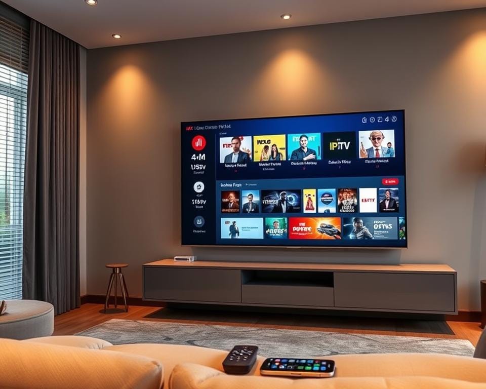 A modern, sleek living room with a large 4K ultra HD television prominently displayed, showcasing various IPTV streaming applications on the screen. The room is illuminated by warm, soft lighting, creating a cozy and inviting atmosphere. The television is mounted on a minimalist, floating wall unit, and the space is accentuated by a neutral color palette of grays, whites, and natural wood tones. In the foreground, a stylish remote control and a smartphone or tablet are visible, hinting at the seamless integration of technology in the user's daily life. The scene conveys a sense of high-quality, immersive entertainment and the convenience of streaming IPTV content in 4K resolution.