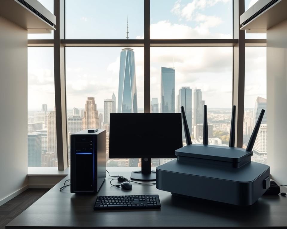 A modern, sleek office interior with a large window overlooking a cityscape. In the foreground, a well-designed computer workstation with a high-end desktop computer, a high-resolution monitor, and a high-quality keyboard and mouse. The workstation is neatly organized, with cables hidden and a minimalist aesthetic. The middle ground features a virtual reality headset and a high-speed internet router, symbolizing the optimal application streaming setup. The background showcases the cityscape outside the window, with skyscrapers and a vibrant, bustling urban environment. The overall scene conveys a sense of productivity, efficiency, and technological advancement, reflecting the "Optimisation application streaming" concept. A modern, sleek office interior with a large window overlooking a cityscape. In the foreground, a well-designed computer workstation with a high-end desktop computer, a high-resolution monitor, and a high-quality keyboard and mouse. The workstation is neatly organized, with cables hidden and a minimalist aesthetic. The middle ground features a virtual reality headset and a high-speed internet router, symbolizing the optimal application streaming setup. The background showcases the cityscape outside the window, with skyscrapers and a vibrant, bustling urban environment. The overall scene conveys a sense of productivity, efficiency, and technological advancement, reflecting the "Optimisation application streaming" concept.