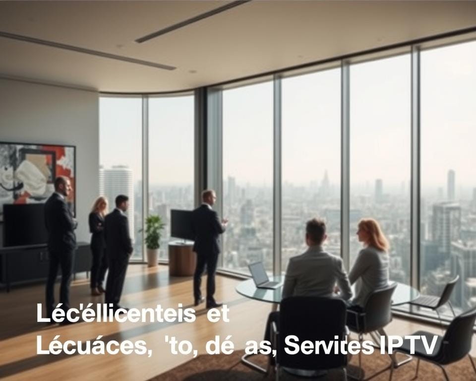 A modern, sleek office interior with floor-to-ceiling windows offering a panoramic view of a bustling city skyline. In the foreground, a team of professionals in business attire gathers around a conference table, engaged in a discussion about IPTV services and licensing. The lighting is soft and natural, casting a warm glow over the scene. On the walls, abstract artworks and minimalist decor create a sense of sophistication and professionalism. The overall atmosphere is one of thoughtful contemplation and diligent attention to detail, reflecting the subject matter of the "Légalité et Sécurité des Services IPTV" section. A modern, sleek office interior with floor-to-ceiling windows offering a panoramic view of a bustling city skyline. In the foreground, a team of professionals in business attire gathers around a conference table, engaged in a discussion about IPTV services and licensing. The lighting is soft and natural, casting a warm glow over the scene. On the walls, abstract artworks and minimalist decor create a sense of sophistication and professionalism. The overall atmosphere is one of thoughtful contemplation and diligent attention to detail, reflecting the subject matter of the "Légalité et Sécurité des Services IPTV" section.