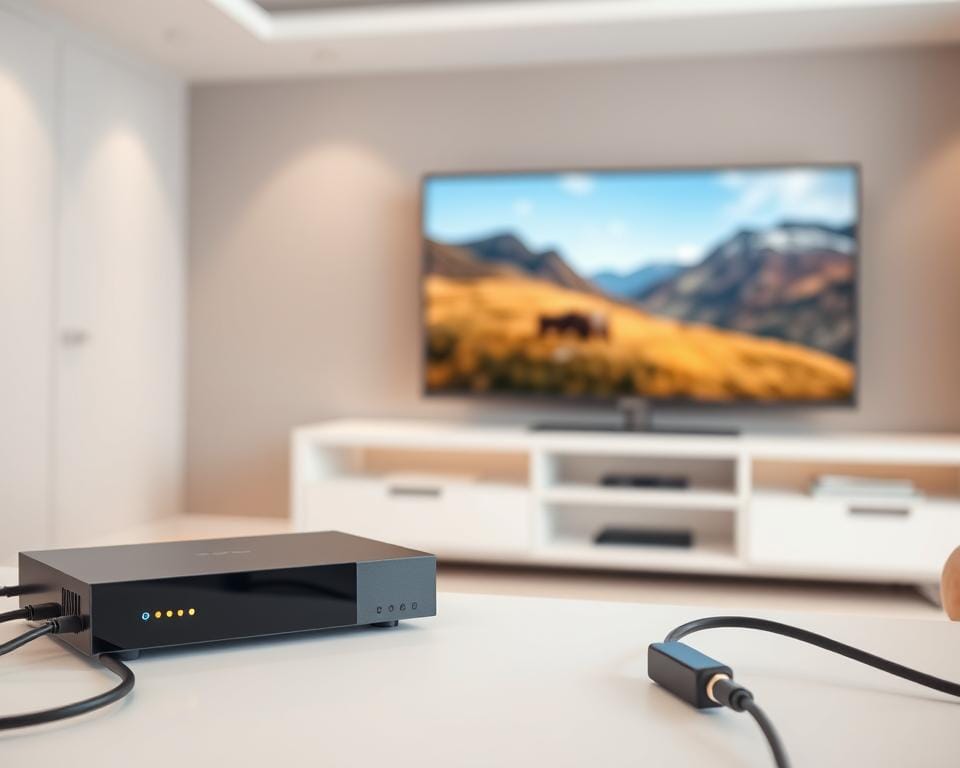 A modern, well-lit interior with a sleek, minimalist design. In the foreground, a high-tech streaming device, its sleek black casing and LED indicator lights prominently displayed. The device is positioned on a clean, white surface, surrounded by neatly arranged cables and connectors. In the middle ground, a high-definition television screen, its display showing a vibrant, immersive visual experience. The background features a neutral, contemporary wall color, accentuating the clean, sophisticated atmosphere. Soft, diffused lighting creates a warm, inviting ambiance, highlighting the technical elegance of the streaming setup. The overall composition conveys a sense of user-friendly technology seamlessly integrated into a stylish, modern living space. A modern, well-lit interior with a sleek, minimalist design. In the foreground, a high-tech streaming device, its sleek black casing and LED indicator lights prominently displayed. The device is positioned on a clean, white surface, surrounded by neatly arranged cables and connectors. In the middle ground, a high-definition television screen, its display showing a vibrant, immersive visual experience. The background features a neutral, contemporary wall color, accentuating the clean, sophisticated atmosphere. Soft, diffused lighting creates a warm, inviting ambiance, highlighting the technical elegance of the streaming setup. The overall composition conveys a sense of user-friendly technology seamlessly integrated into a stylish, modern living space.