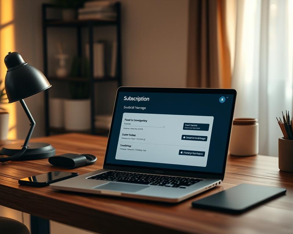 A neatly organized home workspace with a sleek laptop and a mobile device placed on a minimalist wooden desk. The scene is bathed in warm, diffused lighting, creating a cozy and focused atmosphere. In the foreground, a simplified subscription management interface is displayed on the laptop screen, highlighting the ease of setup and configuration. The composition emphasizes the seamless integration of technology into the daily routine, conveying the effortless nature of the subscription experience. A neatly organized home workspace with a sleek laptop and a mobile device placed on a minimalist wooden desk. The scene is bathed in warm, diffused lighting, creating a cozy and focused atmosphere. In the foreground, a simplified subscription management interface is displayed on the laptop screen, highlighting the ease of setup and configuration. The composition emphasizes the seamless integration of technology into the daily routine, conveying the effortless nature of the subscription experience.