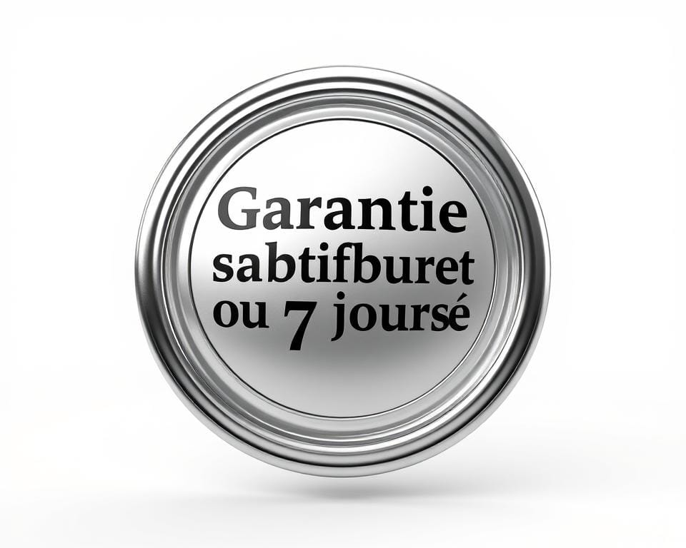 A pristine white background sets the stage, casting a soft, even light. In the center, a high-quality, 3D-rendered "Garantie satisfait ou remboursé 7 jours" emblem floats, its metallic surfaces gleaming under the illumination. The emblem is crafted with meticulous attention to detail, every edge and curve precisely modeled. The text is legible and elegantly designed, creating a sense of quality and reassurance. The overall composition is clean, balanced, and visually striking, drawing the viewer's attention to the key message conveyed by the emblem.