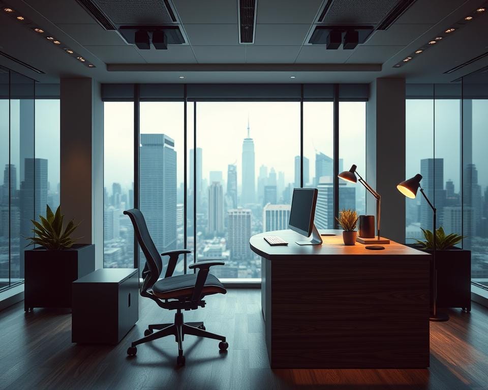 A professional, modern office setting with a dedicated 24/7 customer support desk in the foreground. The desk is made of sleek, dark wood, with high-end computer equipment and a comfortable ergonomic chair. In the background, a large window overlooking a bustling city skyline, creating a sense of corporate professionalism and global reach. Subtle lighting from overhead fixtures and task lamps casts a warm, inviting glow, while the color palette is composed of muted greys, blacks, and accents of blue. The atmosphere conveys a sense of reliable, attentive customer service available at any time.