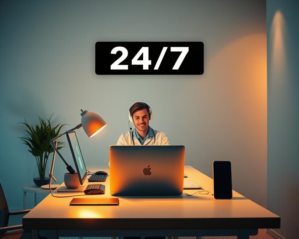 A serene and professional support desk, illuminated by warm lighting, with a technician ready to assist a customer over a WhatsApp video call. The desk is neatly organized, with a laptop, headset, and other necessary equipment, conveying a sense of efficiency and 24/7 availability. The background features a minimalist, modern office setting, with clean lines and neutral tones to create a calming atmosphere. The technician's expression is one of attentiveness and a willingness to provide dedicated support, reflecting the "24/7" aspect of the service. A serene and professional support desk, illuminated by warm lighting, with a technician ready to assist a customer over a WhatsApp video call. The desk is neatly organized, with a laptop, headset, and other necessary equipment, conveying a sense of efficiency and 24/7 availability. The background features a minimalist, modern office setting, with clean lines and neutral tones to create a calming atmosphere. The technician's expression is one of attentiveness and a willingness to provide dedicated support, reflecting the "24/7" aspect of the service.