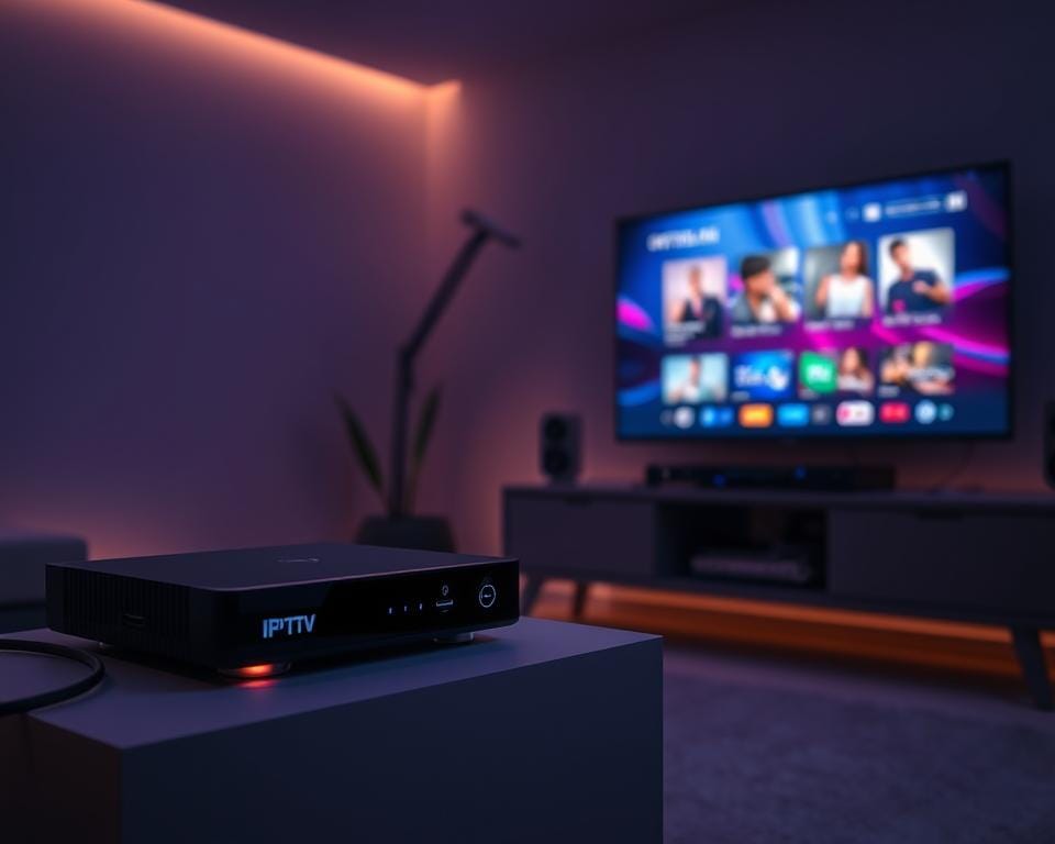 A serene, dimly lit room with subtle ambient lighting, showcasing a high-tech streaming setup. In the foreground, a sleek, modern IPTV set-top box sits atop a minimalist entertainment center, its display illuminated with a soft glow. In the middle ground, cables and wires are expertly managed, conveying a sense of order and efficiency. The background features a large, high-definition display, its screen displaying a vibrant, optimized IPTV interface, highlighting the quality of the streaming experience. The overall atmosphere is one of sophistication and technological mastery, capturing the essence of "Optimisation Technique pour une Expérience IPTV Parfaite". A serene, dimly lit room with subtle ambient lighting, showcasing a high-tech streaming setup. In the foreground, a sleek, modern IPTV set-top box sits atop a minimalist entertainment center, its display illuminated with a soft glow. In the middle ground, cables and wires are expertly managed, conveying a sense of order and efficiency. The background features a large, high-definition display, its screen displaying a vibrant, optimized IPTV interface, highlighting the quality of the streaming experience. The overall atmosphere is one of sophistication and technological mastery, capturing the essence of "Optimisation Technique pour une Expérience IPTV Parfaite".