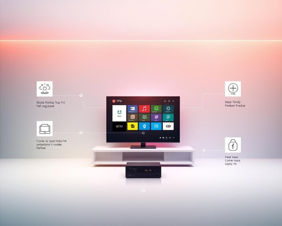 A simple and intuitive IPTV installation process depicted in a clean, minimalist style. The foreground shows a user-friendly interface with clear step-by-step instructions, icons, and intuitive menus. The middle ground features a modern, high-tech device like a set-top box or smart TV displaying the IPTV service. The background has a soft, gradient-based color scheme evoking a sense of digital elegance and seamless connectivity. Lighting is natural and diffused, with a slight glow emanating from the device. The overall atmosphere is one of simplicity, accessibility, and a premium viewing experience.