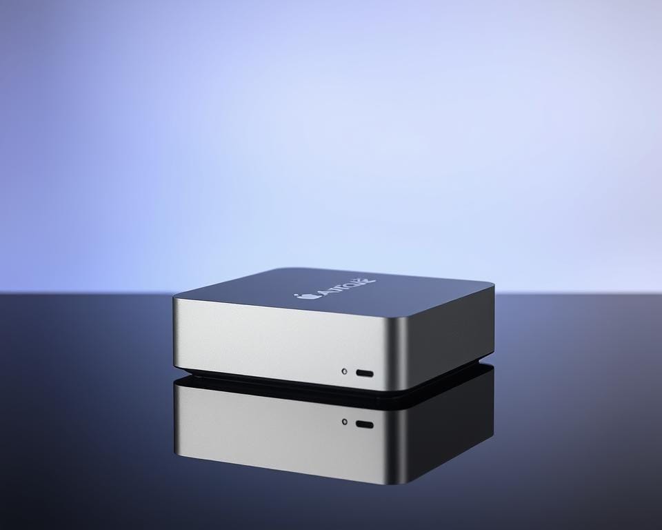 A sleek and modern Android TV box in a minimalist design, sitting atop a glossy black surface. The device is showcased in a well-lit, studio-style setting, with soft, diffused lighting from above creating a clean, professional atmosphere. The TV box features a matte silver finish, sharp edges, and a discreet LED indicator. Surrounding the device, a halo of subtle blue and purple hues suggest the advanced 4K video capabilities within, ready to deliver an immersive home entertainment experience.