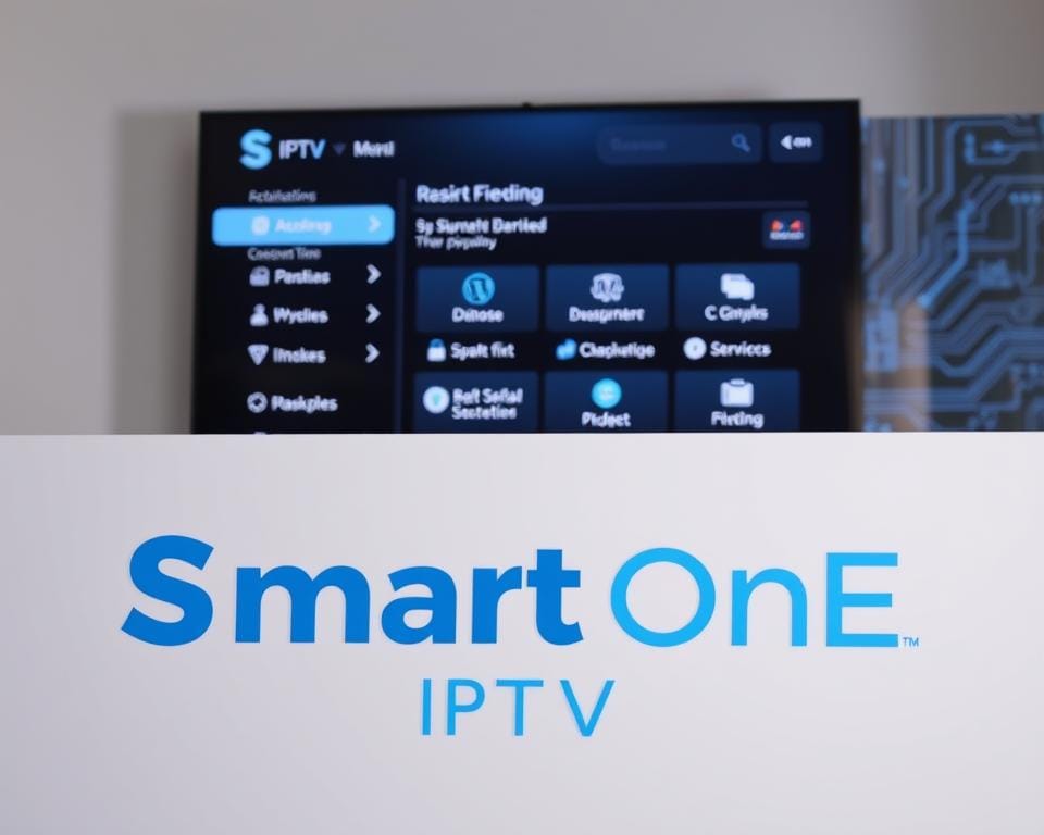A sleek and modern IPTV activation application interface displayed on a high-resolution digital screen. The foreground features the distinctive "Smart One IPTV" logo prominently presented, with clean typography and a sophisticated color palette of blues and grays. The middle ground showcases various user-friendly menu options and features, presented in a well-organized and intuitive layout. The background subtly blends technical elements like circuit board patterns and digital signal visualizations, conveying a sense of technological sophistication. The overall scene is illuminated by a soft, directional lighting that creates depth and emphasizes the application's modern, professional aesthetic. A sleek and modern IPTV activation application interface displayed on a high-resolution digital screen. The foreground features the distinctive "Smart One IPTV" logo prominently presented, with clean typography and a sophisticated color palette of blues and grays. The middle ground showcases various user-friendly menu options and features, presented in a well-organized and intuitive layout. The background subtly blends technical elements like circuit board patterns and digital signal visualizations, conveying a sense of technological sophistication. The overall scene is illuminated by a soft, directional lighting that creates depth and emphasizes the application's modern, professional aesthetic.