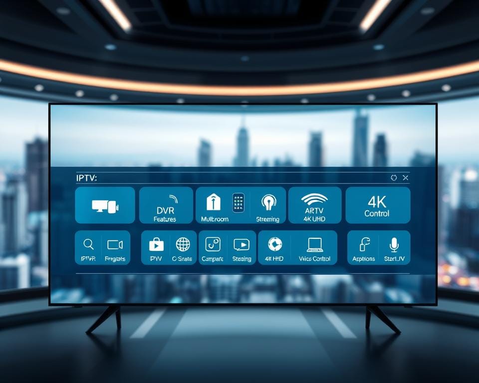 A sleek and modern IPTV control panel displayed on a futuristic interface. In the foreground, an array of advanced technical features are showcased - DVR, multi-room streaming, 4K UHD, and voice control. The middle ground features a clean, minimalist design with intuitive icons and meticulous attention to detail. The background is a softly blurred cityscape, hinting at the technological prowess and global connectivity of the IPTV service. The lighting is cool and crisp, with strategic highlights drawing the eye to the key functionalities. The overall mood is one of sophistication, efficiency, and cutting-edge innovation. A sleek and modern IPTV control panel displayed on a futuristic interface. In the foreground, an array of advanced technical features are showcased - DVR, multi-room streaming, 4K UHD, and voice control. The middle ground features a clean, minimalist design with intuitive icons and meticulous attention to detail. The background is a softly blurred cityscape, hinting at the technological prowess and global connectivity of the IPTV service. The lighting is cool and crisp, with strategic highlights drawing the eye to the key functionalities. The overall mood is one of sophistication, efficiency, and cutting-edge innovation.